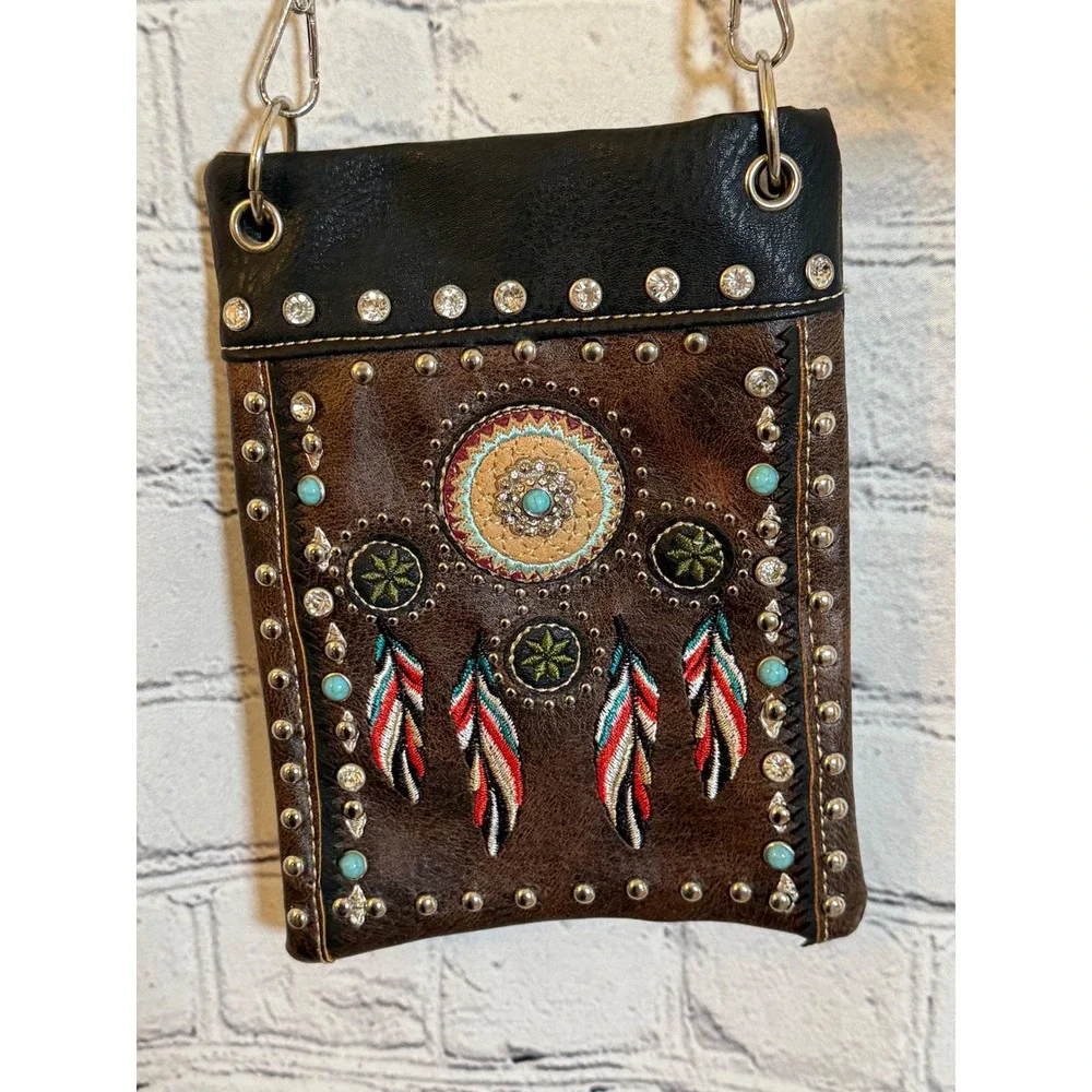 Western Dreamcatcher Embroidered Crossbody Bag Brown Black‎ Studded Rhinestone